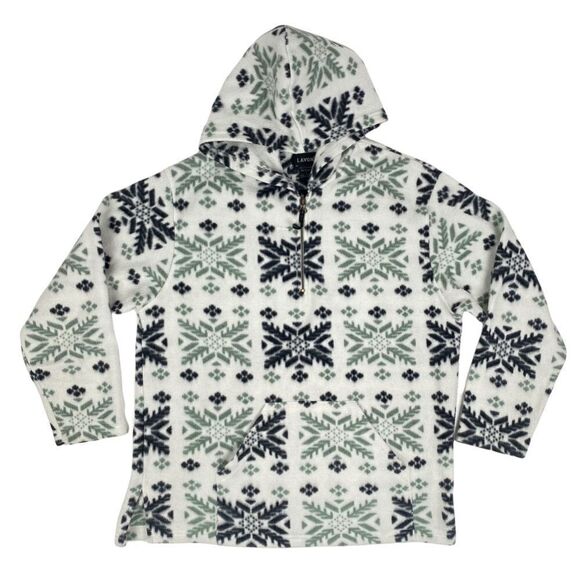 Vintage Lavon Fleece 1/4 Zip Hooded Pullover Snowflake Winter Nordic Print - Picture 1 of 3